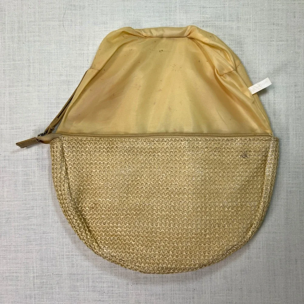 Boho Straw Pompom Clutch Women Tan Orange Half Moon Zipper Pouch Summer Bag 12in